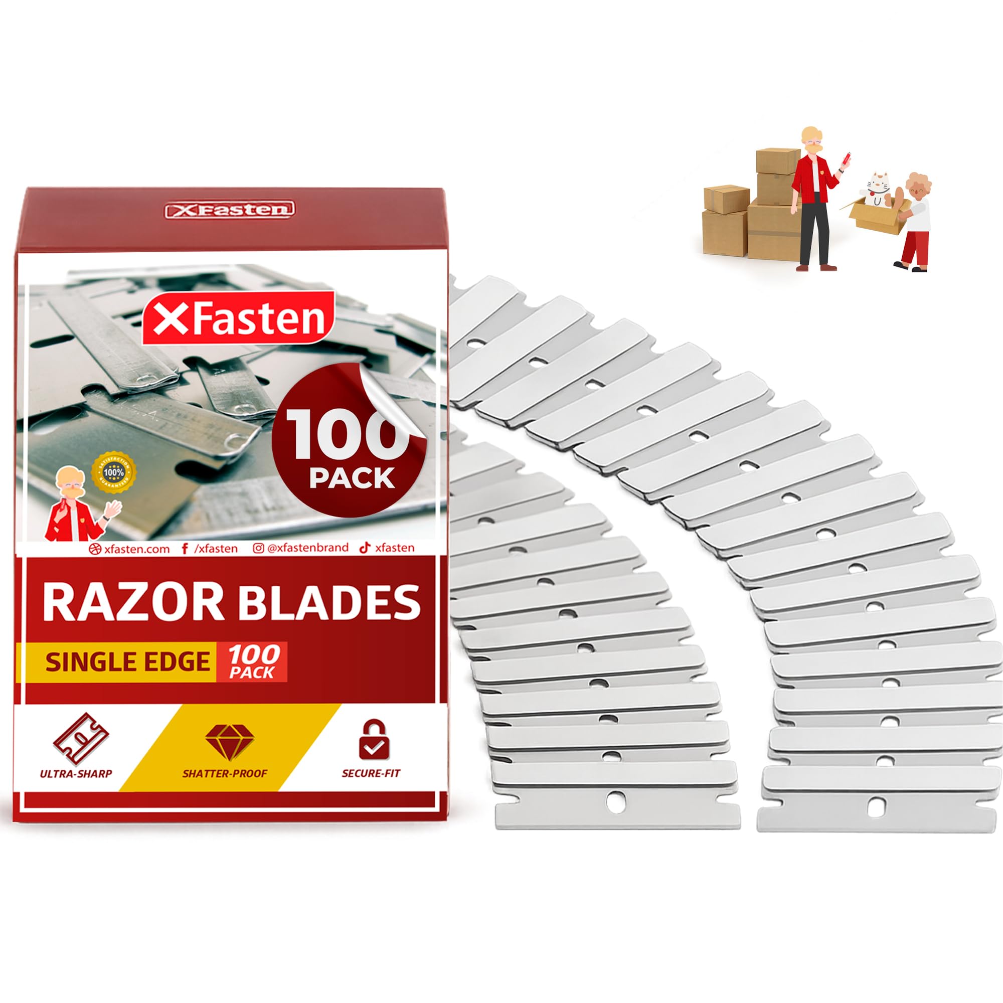 XFasten Single Edge Razor Blades for Scraping (100-Pack) Heavy-duty Flat Razor Blade Scraper for Box Cutter Refills Straight High Carbon Steel Replacement Paint Scraper Refill for Utility Box Cutters