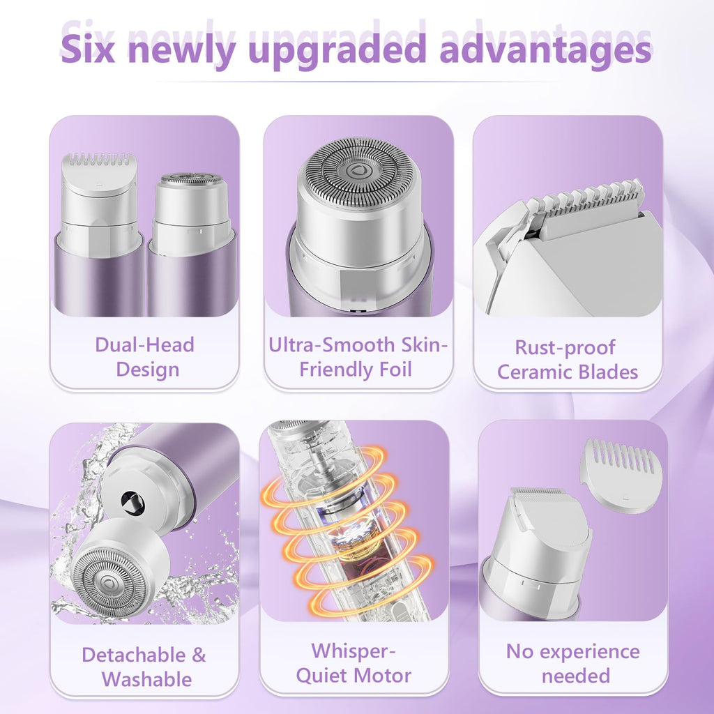 Women's Bikini Trimmers, Dual Head Cordless Body & Face Hair Shaver, IPX8 Waterproof Wet & Dry Razor for Legs, Underarms & Sensitive Skin – Lavender Purple
