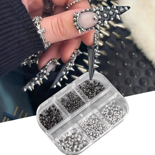 JERCLITY Platinum Gunmetal Black Punk Style Nail Rivets Set 1 Box Cone Nail Charms Studs Alloy Spike Rivets 2 Boxes Retro Metal Nails Circular Rings Nail Charms for Women