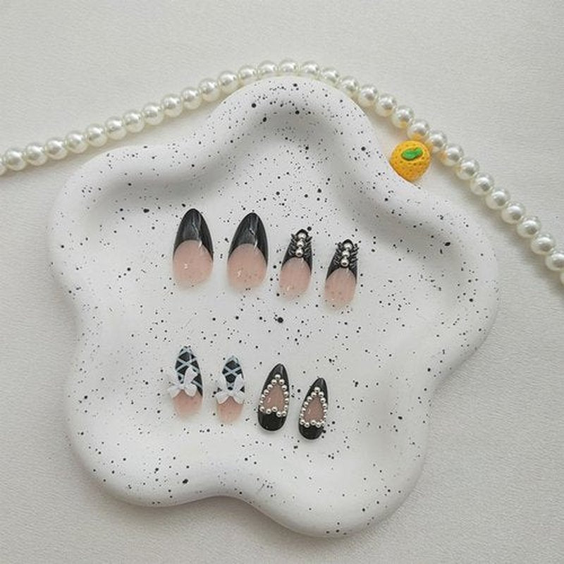 Almond Press on Nails Medium Fake Nails with Bow Heart Pearl Designs Black French Tip Nails Press ons Glossy Glue on Nails Cute Acrylic Nails for Women 24Pcs