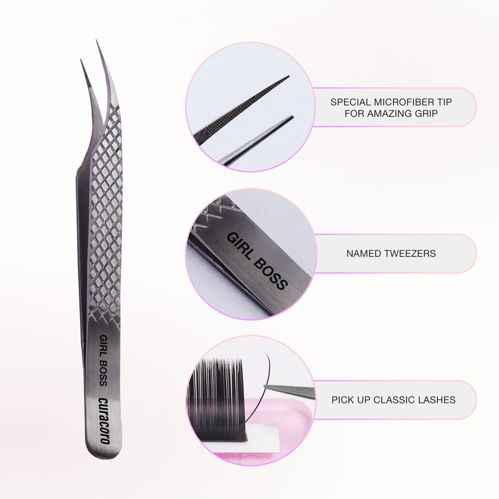 Curacoro Lash Tweezers, Fiber Tip Grip (Silver, Girl Boss)