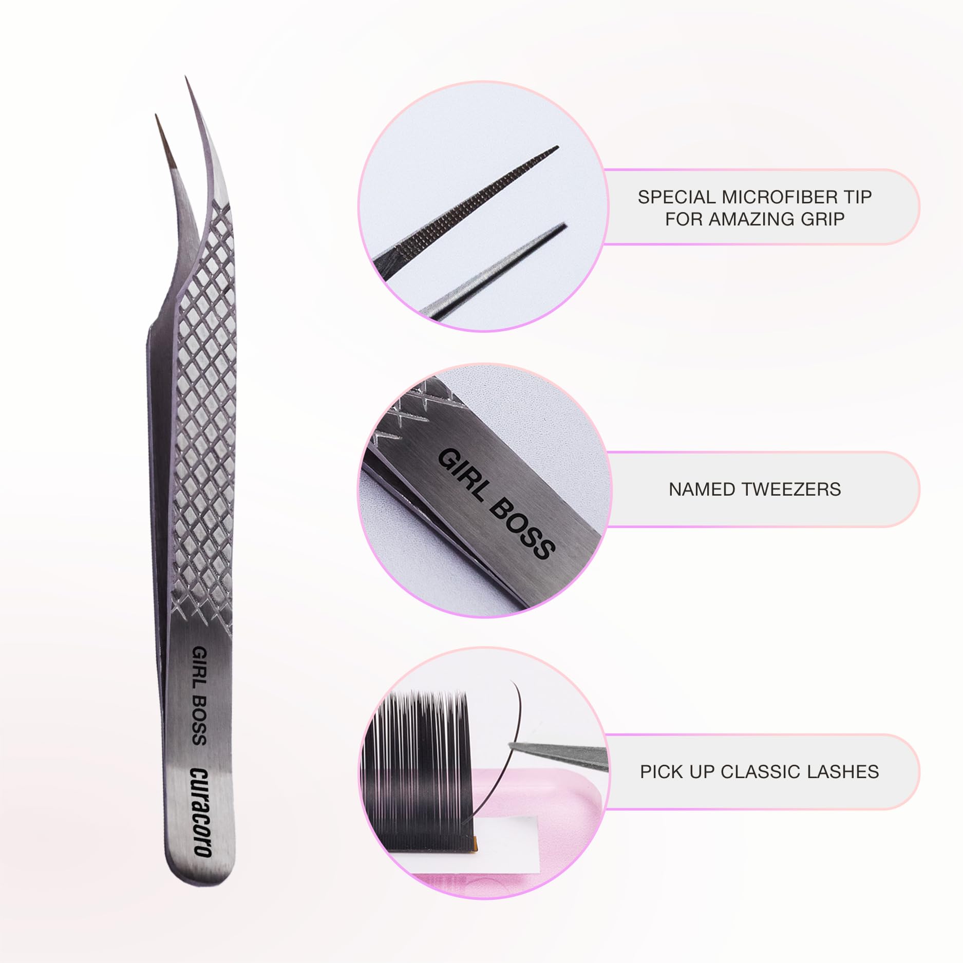 Curacoro Lash Tweezers, Fiber Tip Grip (Silver, Girl Boss)