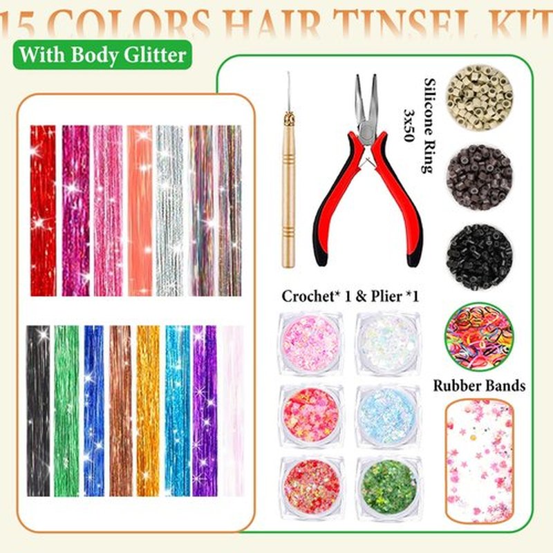 Hair Tinsel Kit With Body Glitter 15 Colors 48 Inch 4500 Strands Glitter Tinsel Hair Extensions With Tools Fairy Hair Accessories, Suitable for Festivals and Daily Use (15 Colors Hair Tinsel Kit)