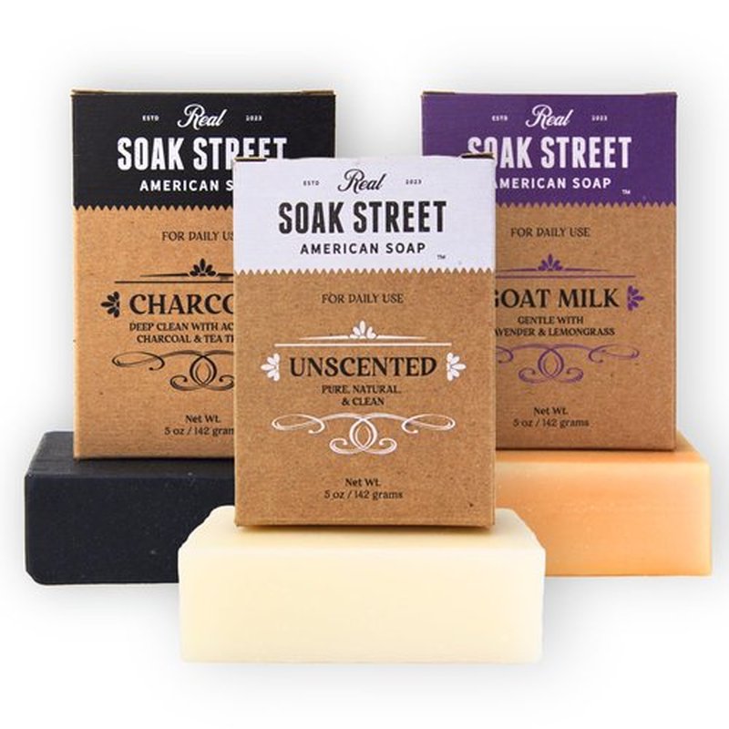Soak Street Real American Soap (Variety Bundle, 3 Pack) – Natural Bar Soap Made with Grass-Fed Tallow, Conditioning Lard, & Pure Coconut Oil – Unscented, Charcoal & Tea Tree Oil, & Lavender Goat Milk