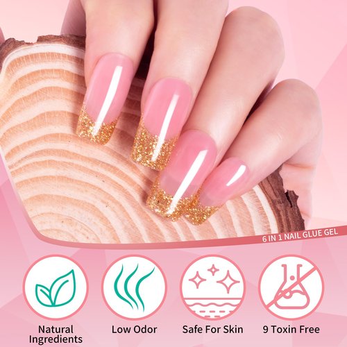 Clara Colors 2PCS 15ml Gel Nail Glue, 6 in 1 Nail Glue Gel for Acrylic Nails, Press on Nails, Super Strong UV Gel Glue for Nail Extensions/Nail Glue/Base Gel/Bloom Gel/Adhesive Bond/Strengthen Gel