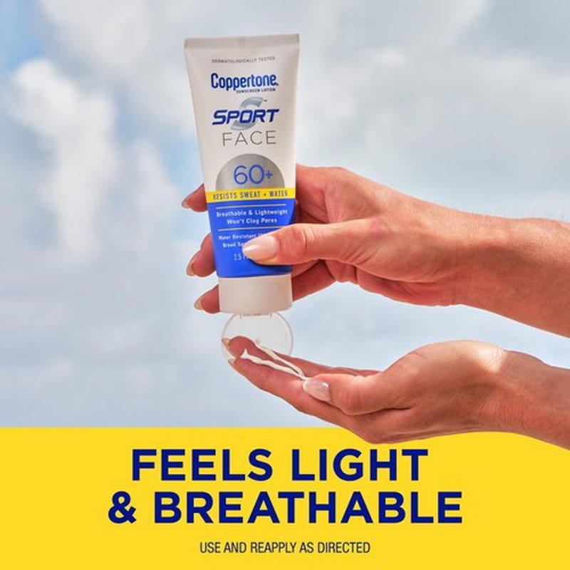 Coppertone Sport Face Sunscreen Lotion SPF 60+, Water Resistant Sunscreen with Broad Spectrum SPF 60+, Lightweight and Breathable, 2.5 Fl Oz Tube