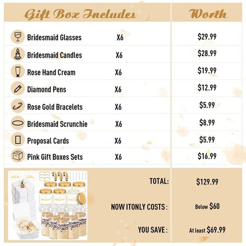 Teenyyou 60 Pcs Bridesmaid Proposal Gifts Bridesmaid Box Set, Maid of Honor Gifts Include Box Glass Cup Candle Cards Hair Ties Knotted Bracelets Hand Cream Diamond Pens(White)