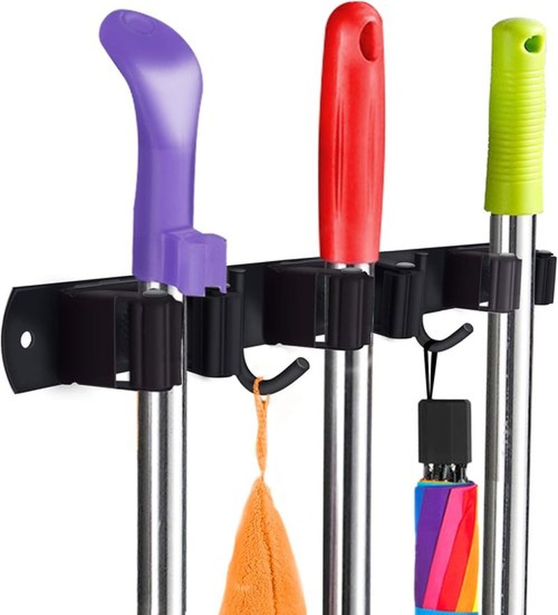 Huryfox Heavy-Duty Stainless Steel Broom Holder - Adjustable Wall Mount, 3 Racks & 2 Hooks, Black