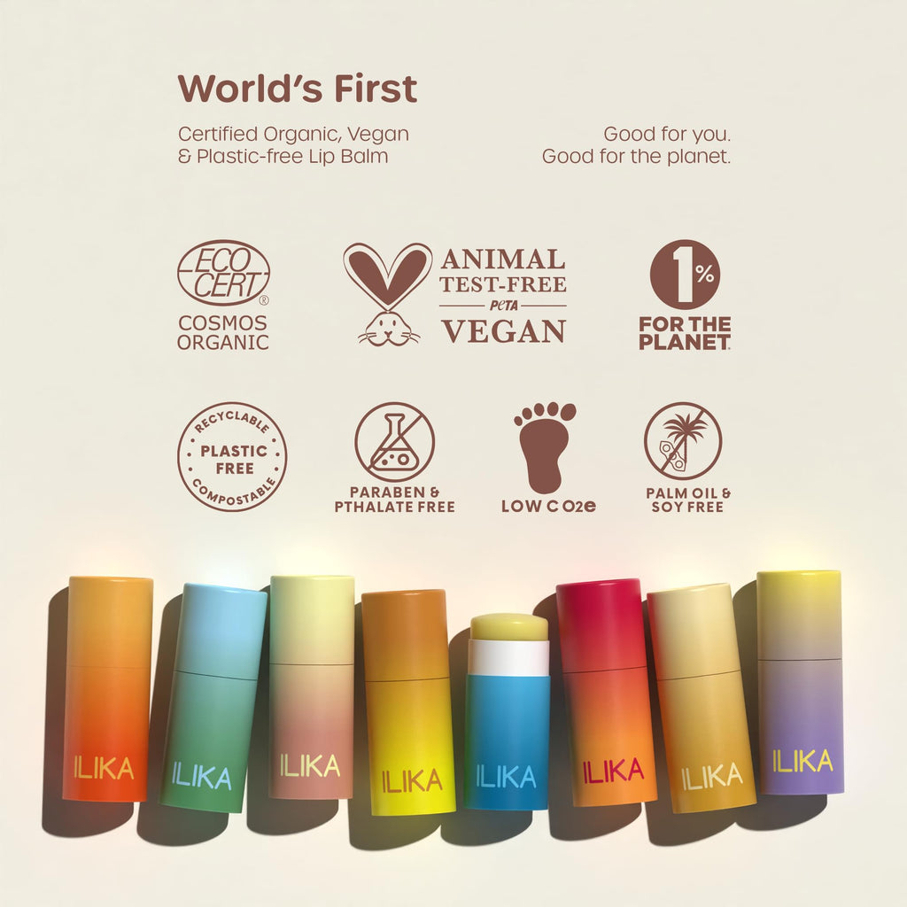 ILIKA 100% Natural Lip Balm - Organic, Plastic-free, Vegan, Cruelty-Free, Vitamin E, COSMOS Certified, PETA Certified, 2-Pack Unscented, All-Day Moisture, 0.15 oz each