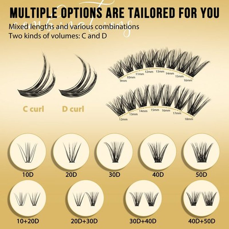 QUEWEL Lash Clusters 320Pcs Cluster Lashes 50D D Curl Lash Cluster Eyelash Extensions Mix9-16mm Individual Eyelashes Clusters Wispy Lash Clusters Thin Band Soft to Use at Home(50D D Mix9-16)