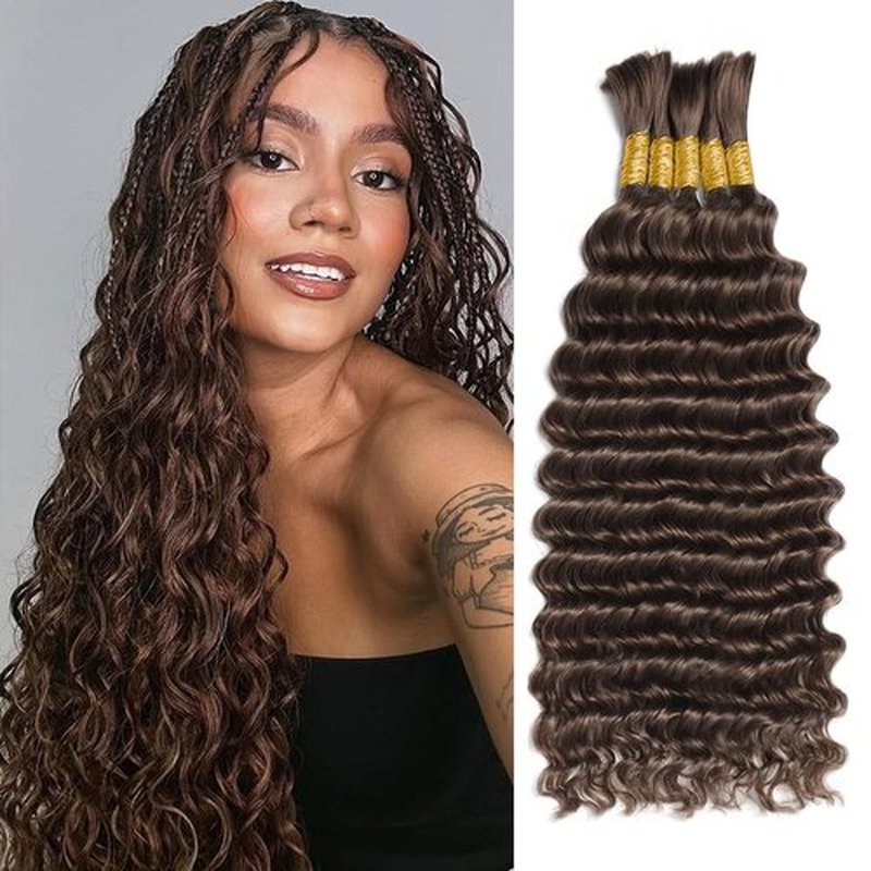 Boho Hair for Braiding Human Braiding Hair 150g 5 Bundles/Pack 18 inch Deep Wave Boho Hair 100% Unprocessed Brazilian Virgin Hair Chocolate Brown Braiding Hair Bohemian No Weft