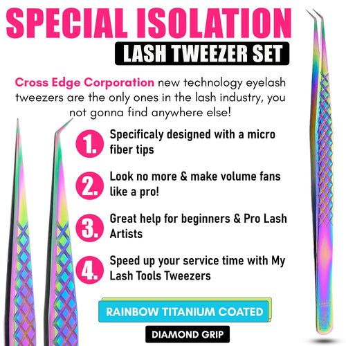 2pcs Curved & Straight Isolation Tweezers for Eyelash Extensions – 14cm Japanese Stainless Steel, Diamond Grip Non Slip Grip, Rainbow Set, Best for Classic & Individual Lashes