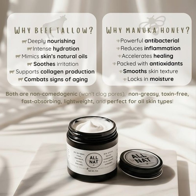 All Nat Whipped Beef Tallow & Manuka Honey Face Cream – Hydrating, Clean Beauty Moisturizer for Sensitive Skin, Natural Skincare, 3.0 oz