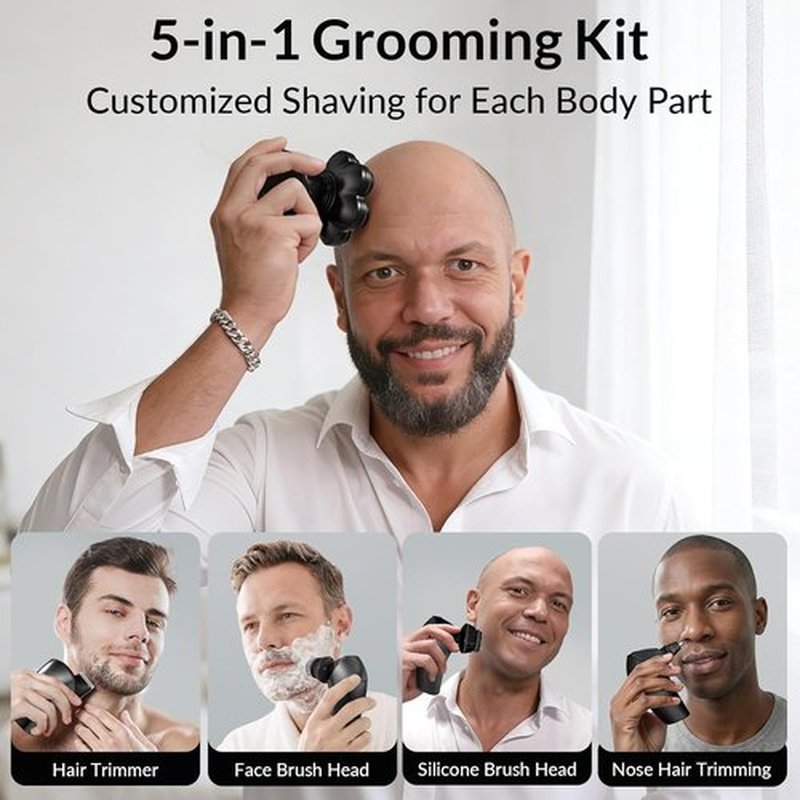 7D Arc Magnetic Head Shaver for Bald Men - Waterproof 5-in-1 Electric Razor & Grooming Kit, Black