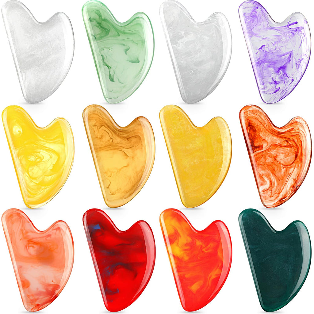 Sherr 12 Pcs Gua Sha Facial Tools Resin Heart Shaped Massage Guasha Tool for Face Guasha Board for Face Body Skin Massage Spa Acupuncture Prevent Wrinkles, 12 Colors(Retro Color)
