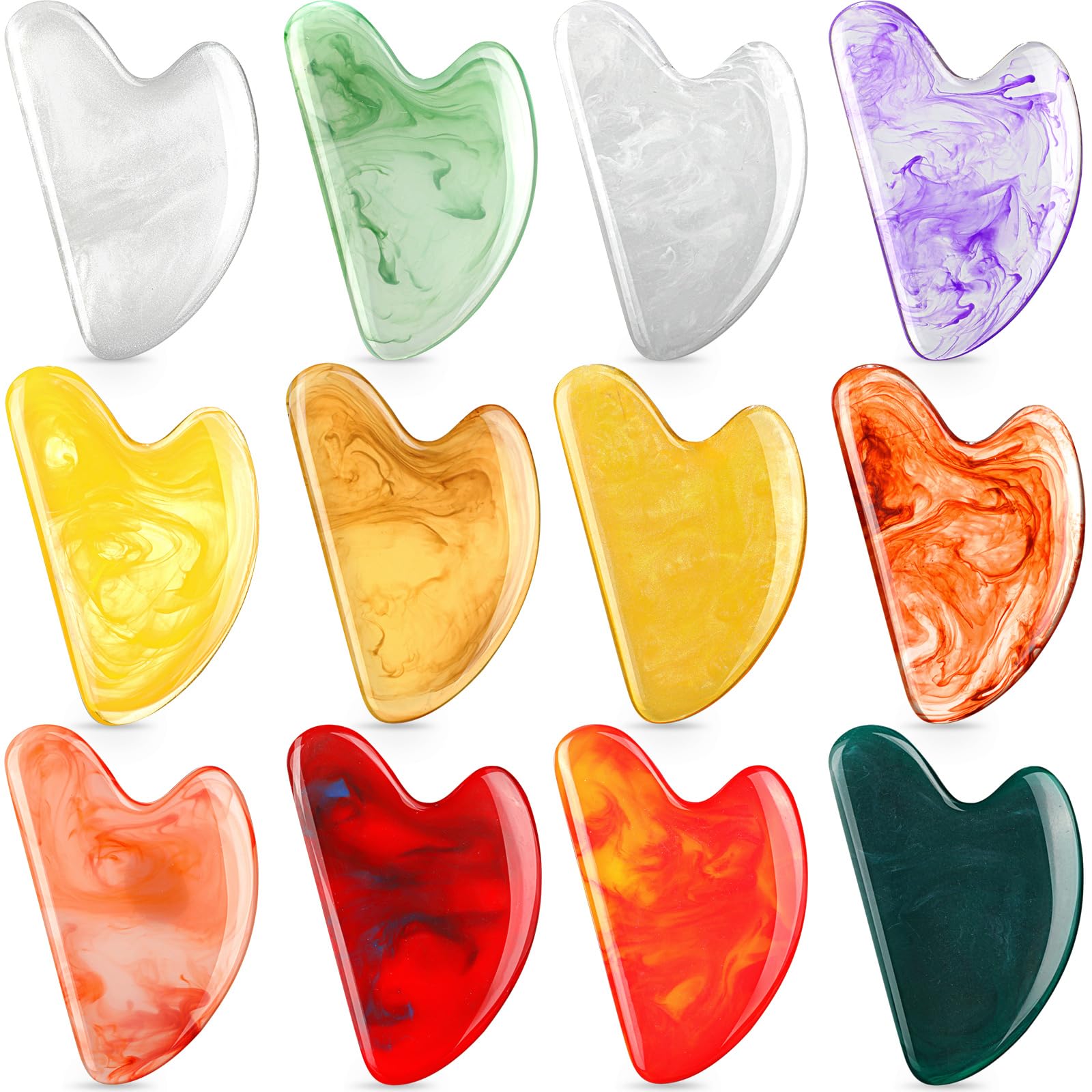 Sherr 12 Pcs Gua Sha Facial Tools Resin Heart Shaped Massage Guasha Tool for Face Guasha Board for Face Body Skin Massage Spa Acupuncture Prevent Wrinkles, 12 Colors(Retro Color)