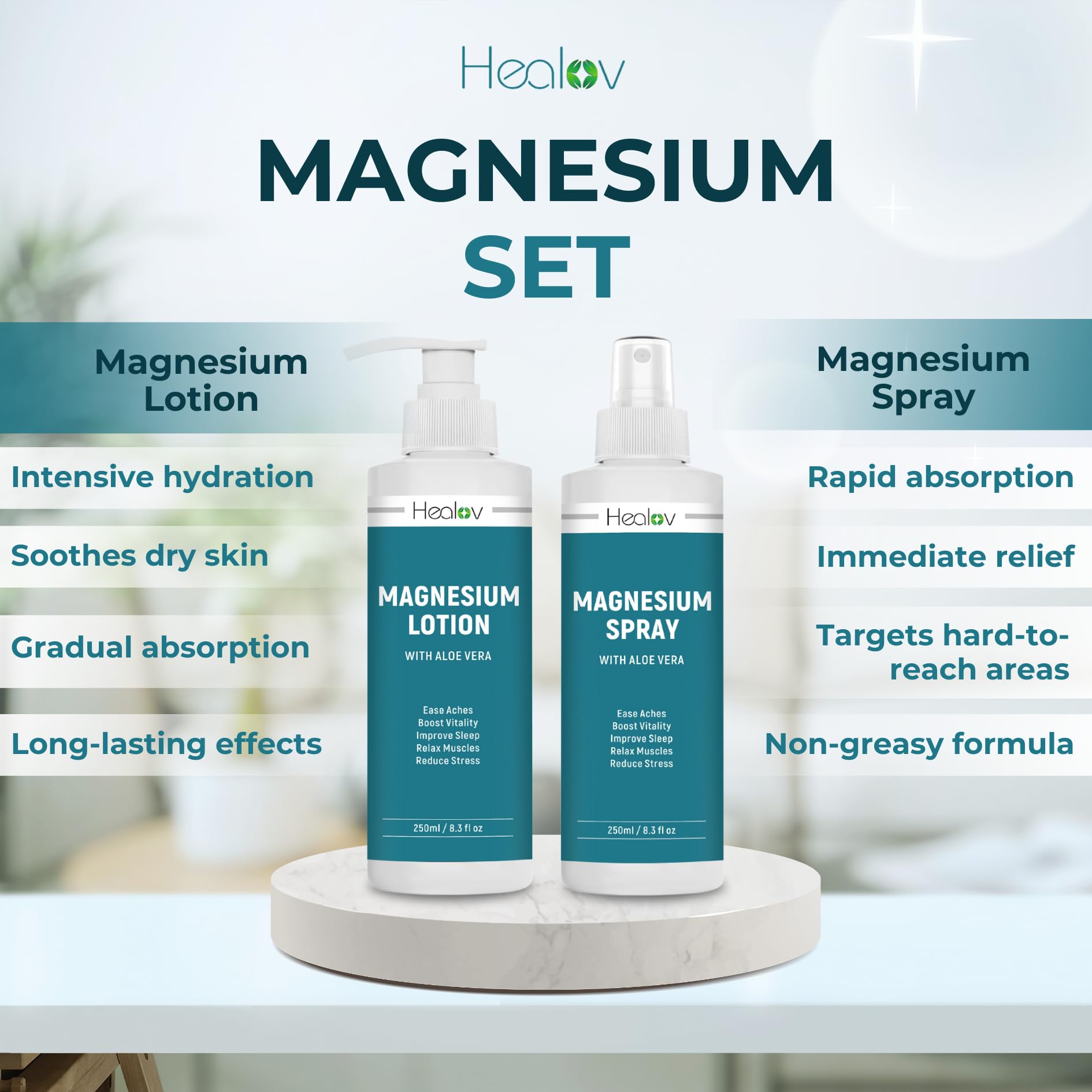 Magnesium Oil Spray + Magnesium Lotion Set – Pure Soothing Relief & Relaxation for Better Sleep, Muscle Health, Leg & Joint Care – Natural Magnesium Body Spray & Magnesium Cream for Feet, Non-Greasy