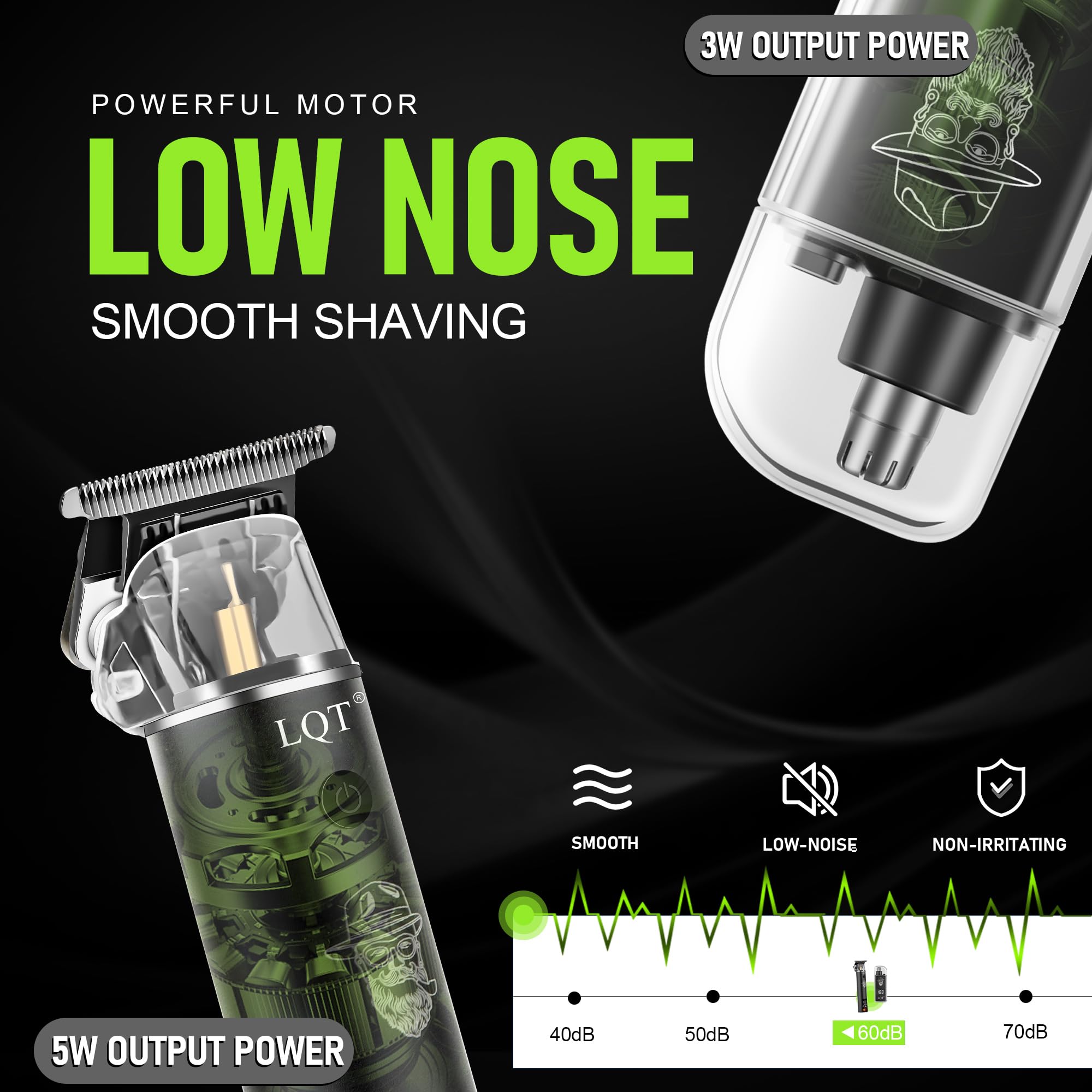 LQT Rechargeable Beard Trimmer kit for Mustaches, Nose Hair, and Light Detailing and Grooming with Bonus Wet/Dry Battery Nose Trimmer