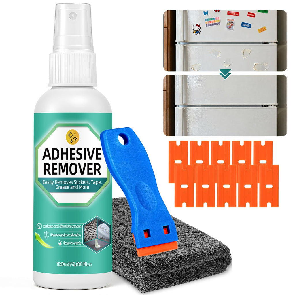 Halldeli Adhesive Remover Kit, Sticker Remover Spray for Cars, Floor, Windows, Surface-Safe Glue Remover with Plastic Scraper – Quickly Removes Decals, Tape Residue, Gum, Tar and Grease
