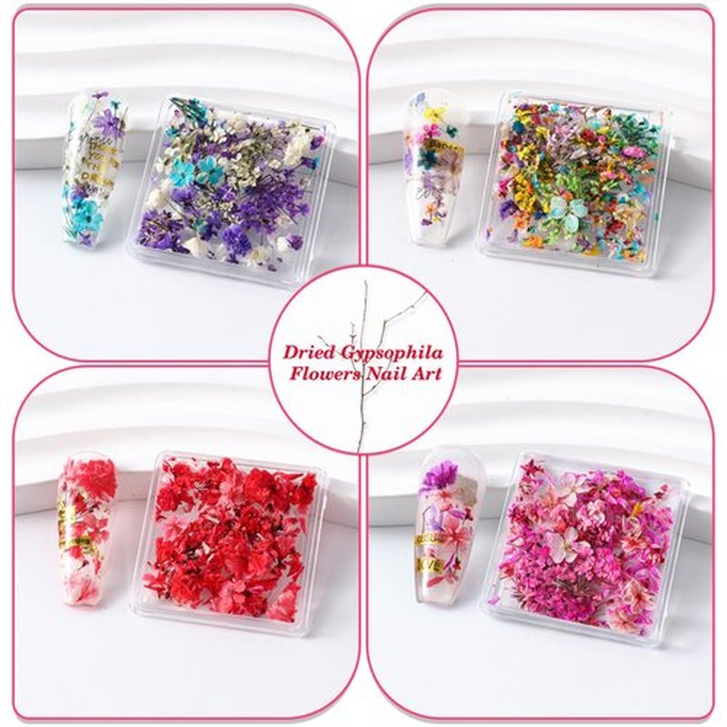 JERCLITY 4 Boxes Real Dried Flowers for Nail Art - Mini Red Pink Purple Gypsophila Stickers Decals Natural Dry Accessories for Women
