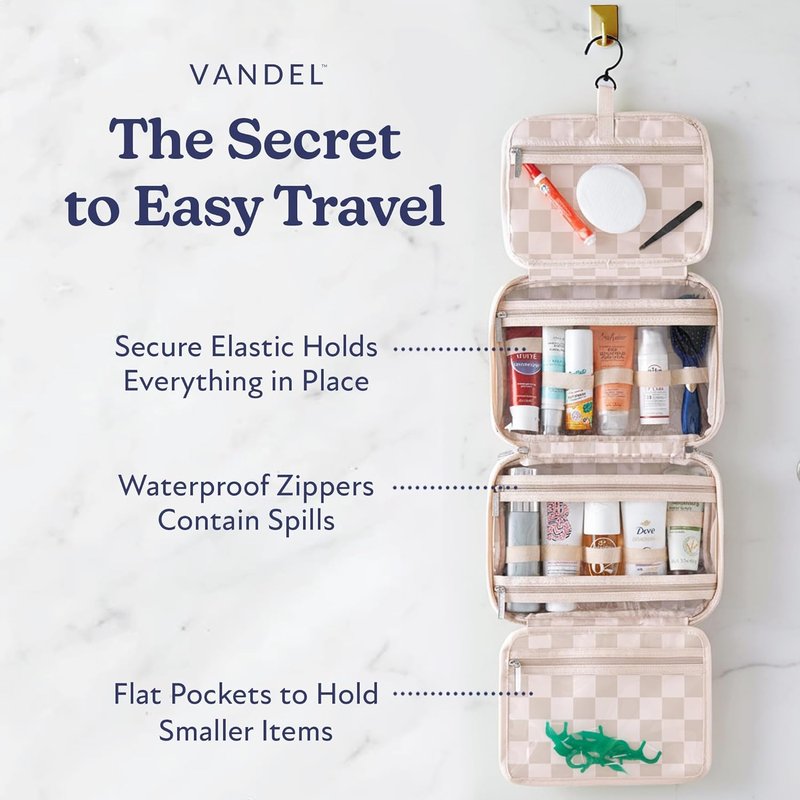VANDEL Waterproof Hanging Toiletry Bag - TSA-Approved Makeup Organizer for Travel | Neutral Checker Design