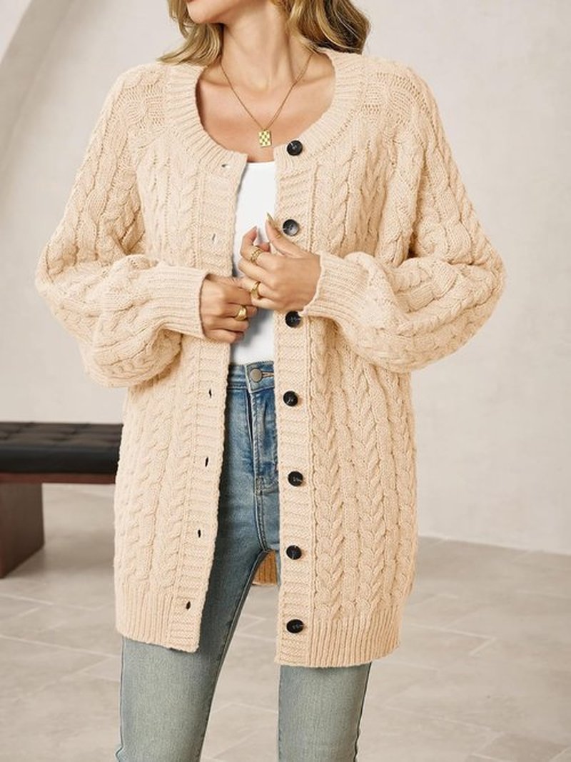 Saodimallsu Women's Cable Knit Cardigan - Oversized Chunky Button-Down with Lantern Sleeves