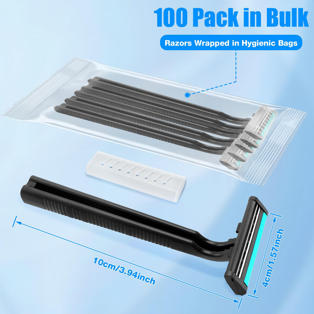 MAGDIY Disposable Razors Bulk for Men 100 Pack, Homeless Supplies Bulk, Twin Blade Mens Safety Travel Supply Shaving Razor, Face Beard Body Shavers for Hotel Camping Bathing (Black)