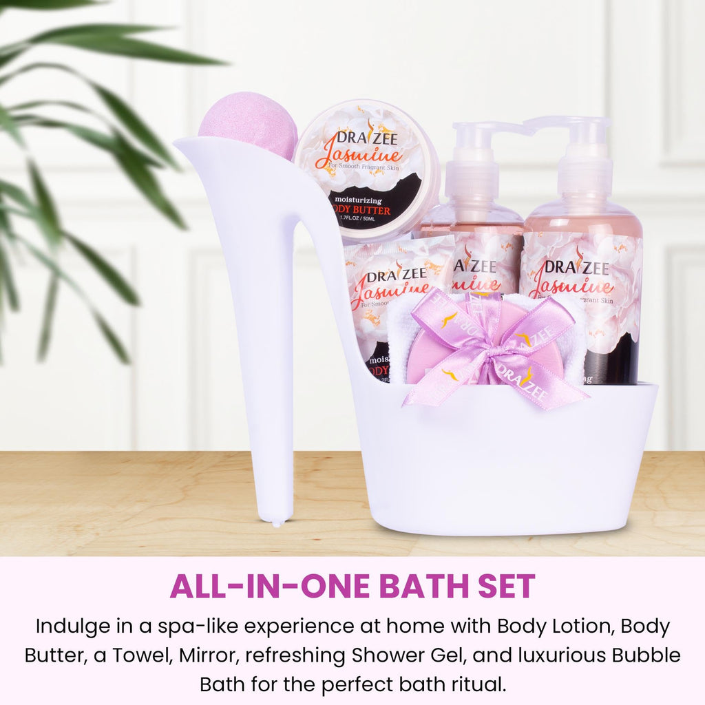 Mother’s Day Gift Baskets for Women, 8 Pc Jasmine Scented Spa Gift Set, Heel Shoe Bath Basket, Luxury Bath and Body Set, Self Care Kit for Mom, Home Spa Gift for Her by Draizee