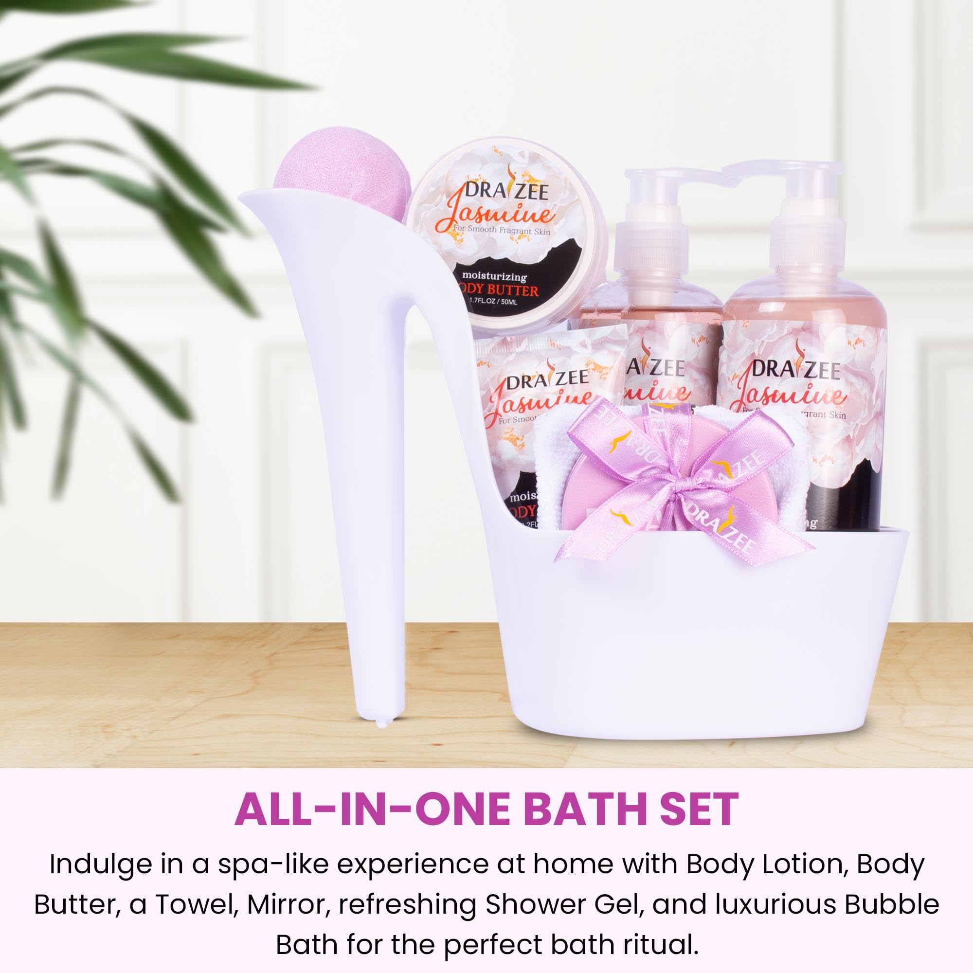 Mother’s Day Gift Baskets for Women, 8 Pc Jasmine Scented Spa Gift Set, Heel Shoe Bath Basket, Luxury Bath and Body Set, Self Care Kit for Mom, Home Spa Gift for Her by Draizee
