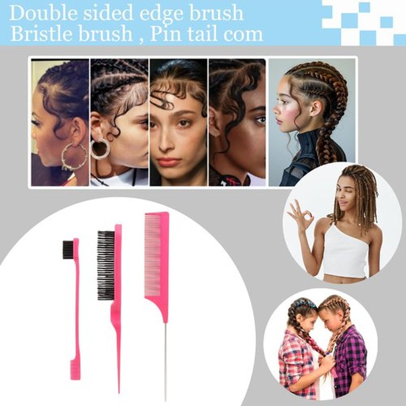Curly Hair Brush,Curl Defining Brush plus 3 Pieces Hair Styling Comb Set(Slick Back Hair Brush,Rat Tail Comb,Edge Bristle Brush) Lightweight Vented for Combing, Shaping, Styling(Pink)