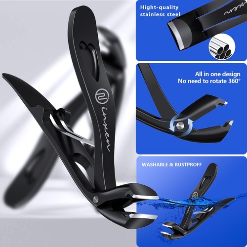 Toenail Clippers for Thick Nails - Angled Head, Wide Jaw, INXEN Ergonomic Long Handle Toe Nail Clippers for Seniors, Nail Cutter for Men & Women, Premium Steel with Nail Catcher