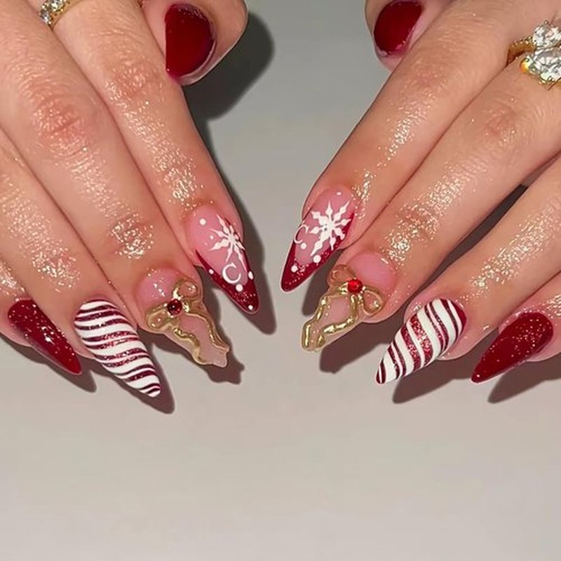 Long Stiletto Press on Nails Red Glitter French Christmas Fake Nails 3D Bow with Rhinestones Design Winter Xmas Acrylic False Nail Snowflake Glue on Nail Candy Stripes Stick on Nails for Women 24Pcs