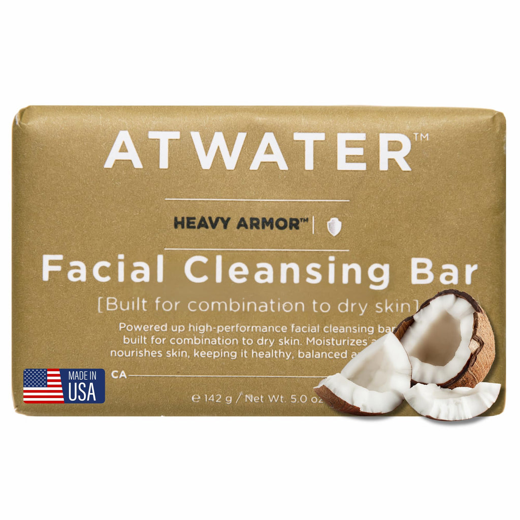 ATWATER Heavy Armor Facial Cleansing Bar for Dry to Combination Skin, Moisturizing Sulfate-Free Rich Lathering Face Wash with Jojoba Oil and Coconut - 5 oz