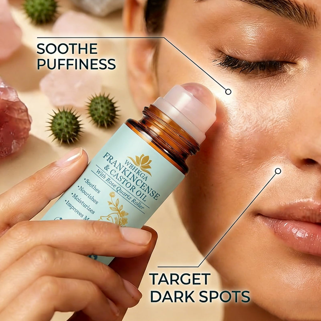 WBHKGA Castor Oil & Frankincense Roll On - Real Red Rose Quartz Eye Roller (Not Plastic) - Pure Cold Pressed Face Serum for Dark Circles, Fine Lines, Wrinkles & Puffiness (50ml (2 Pack - Value Set))