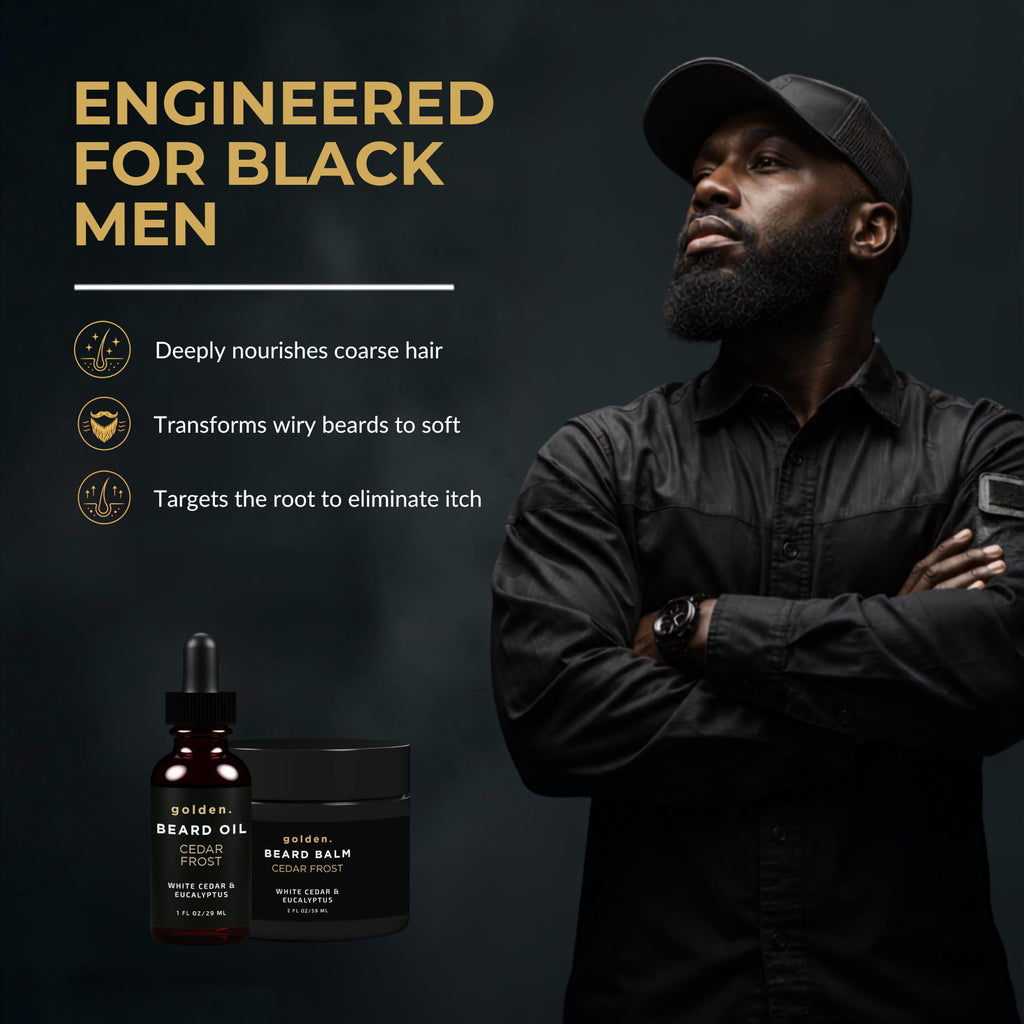 Golden Grooming Beard Bundle for Black Men - Natural Growth Kit with 2oz Balm & 1oz Oil - Shea Butter Conditioner - Cedar Frost (Regular)