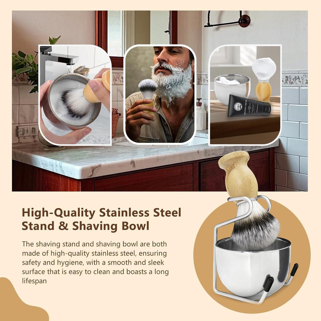 Kikc 5 in 1 Shaving Kit, Shaving Brush Kit for Men,Set Include Synthetic Shave Brush, Stainless Lathering Bowl, Shave Brush Stand, Shaving Cream, Shave Manual, Best Gift for Bearded Man,Silvery Set