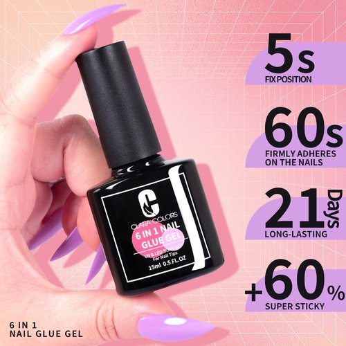 Clara Colors 2PCS 15ml Gel Nail Glue, 6 in 1 Nail Glue Gel for Acrylic Nails, Press on Nails, Super Strong UV Gel Glue for Nail Extensions/Nail Glue/Base Gel/Bloom Gel/Adhesive Bond/Strengthen Gel