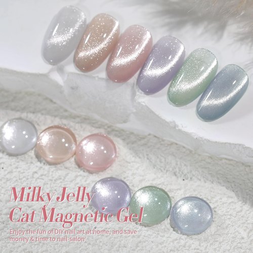 Born Pretty Cat Magnetic Eye Gel Nail Polish, Pastel Milky Cat Magnetic Gel Pastel Blue Green Purple Pink Nude Silver Nail Art Gel Manicure Salon DIY Gifts 7ML 6PCS