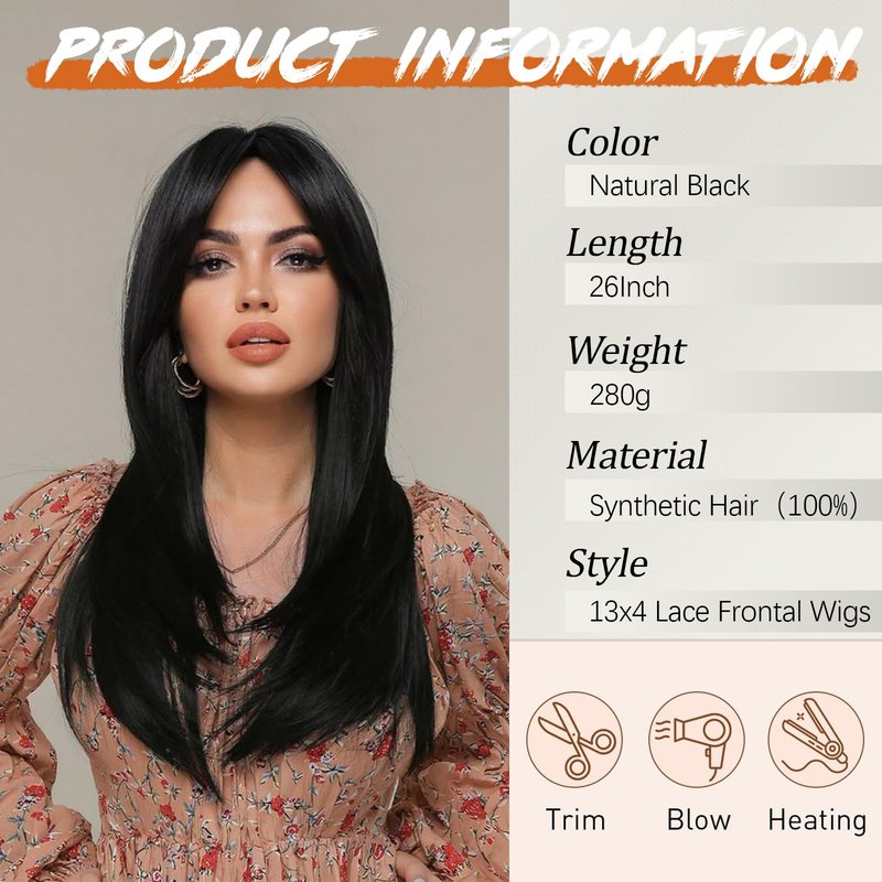 Worldnewhair Natural Black Lace Front Wig 26 Inch - 13x4 HD Lace Layered Wigs for Women, Wear and Go Glueless Wigs Pre Plucked Pre Cut Long Straight Syntheic Fiber Pre-styling Hair for Daily