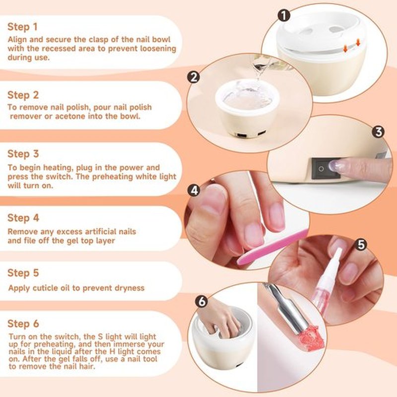 Electric Nail Soaking Bowl with Color Cuticle Pusher for Gel and Acrylic Nail Removal (Beige)