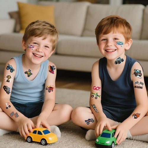 193pcs Unicorn & Truck Wheels 2 in 1 Kit Waterproof Temporary Tattoos Groovy Fake Tattoo for Kids Birthday Party Decoration, Star Smiley Rainbow Racing Car Flag Trophy Tattoo Stickers for Boys Girls