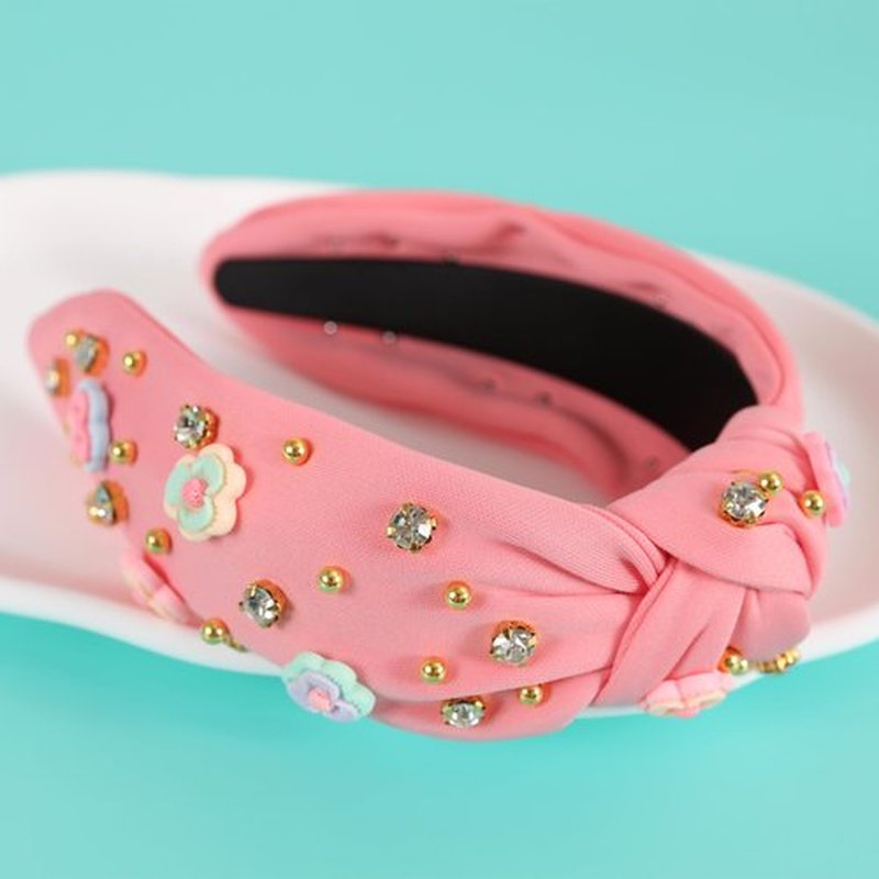 Gmmidea Flower Knotted Headbands for Women Sparkly Beaded Crystal Floral Headband Wide Top Knot Fancy Embellished Hairband Fashion Girls Summer Holiday Hair Accessories B-Pink