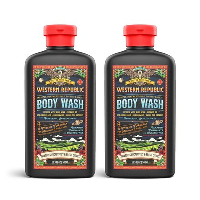 Aviator Men's Body Wash - Eucalyptus & Fresh Citrus Scent | Hydrating Anti-Aging Formula with Aloe & Niacinamide (2 Pack) | Made in USA