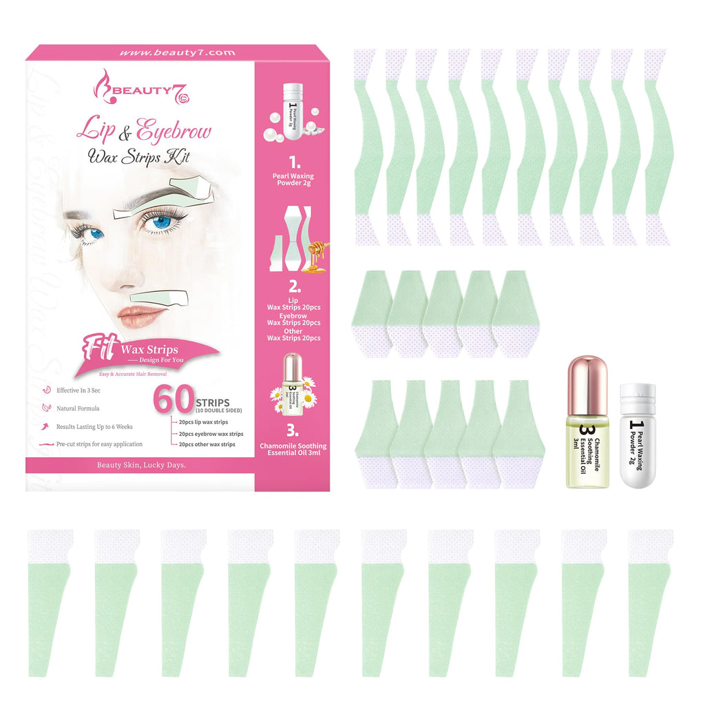 Beauty7 Pre-Cut Facial Wax Strips for Women, Large Packs 60 Strips, Eyebrow and Lip Hair Removal with Pearl Powder and Essential Oil, for All Skin Types
