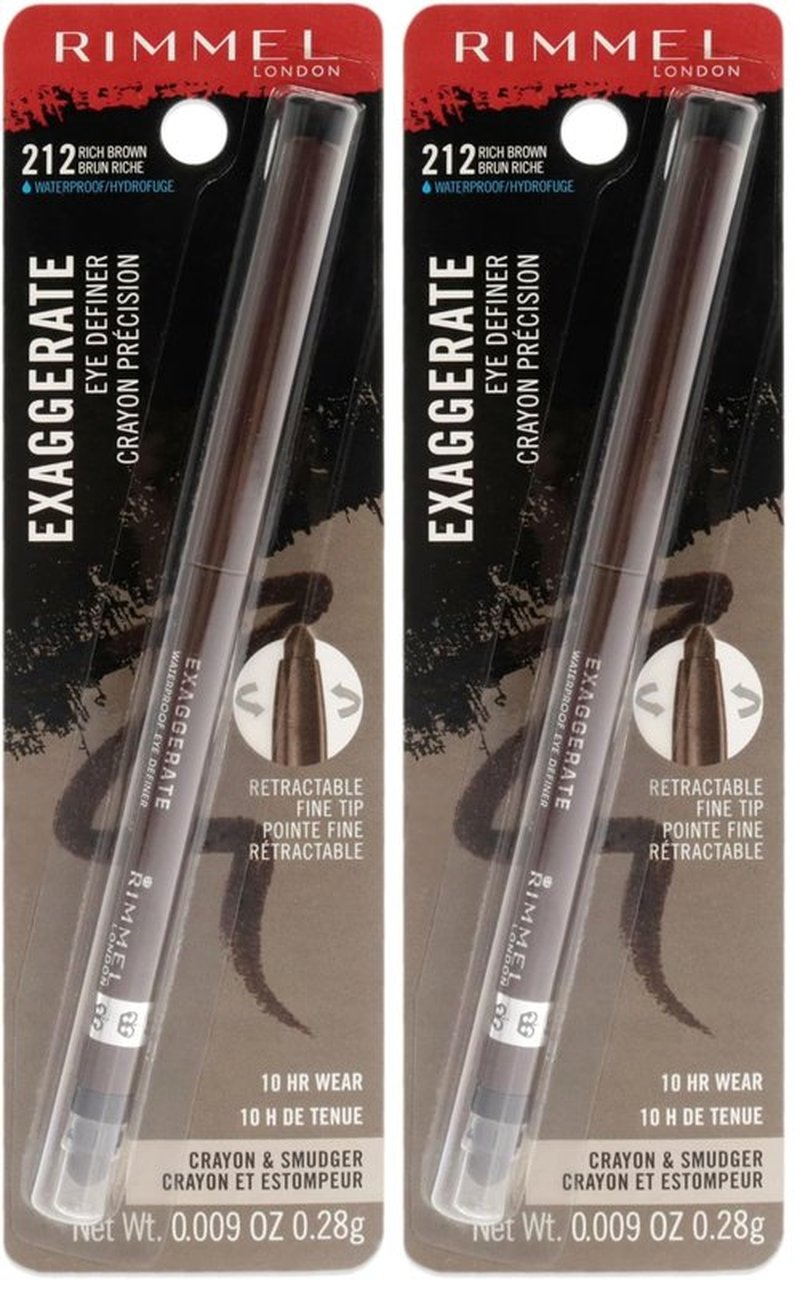 Rimmel London Exaggerate Waterproof Eye Definer Eyeliner,Highly Pigmented,Long-Wearing,Built-In Smudger,212,Rich Brown,0.01oz,(Pack of 2)