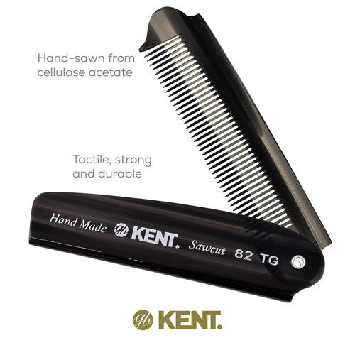 Kent 82T Black Graphite Folding Pocket Comb for Men, Fine Tooth Hair Comb Straightener for Everyday Grooming, Beard or Mustache, Use Dry or with Balms, Saw Cut Hand Polished, Made in England