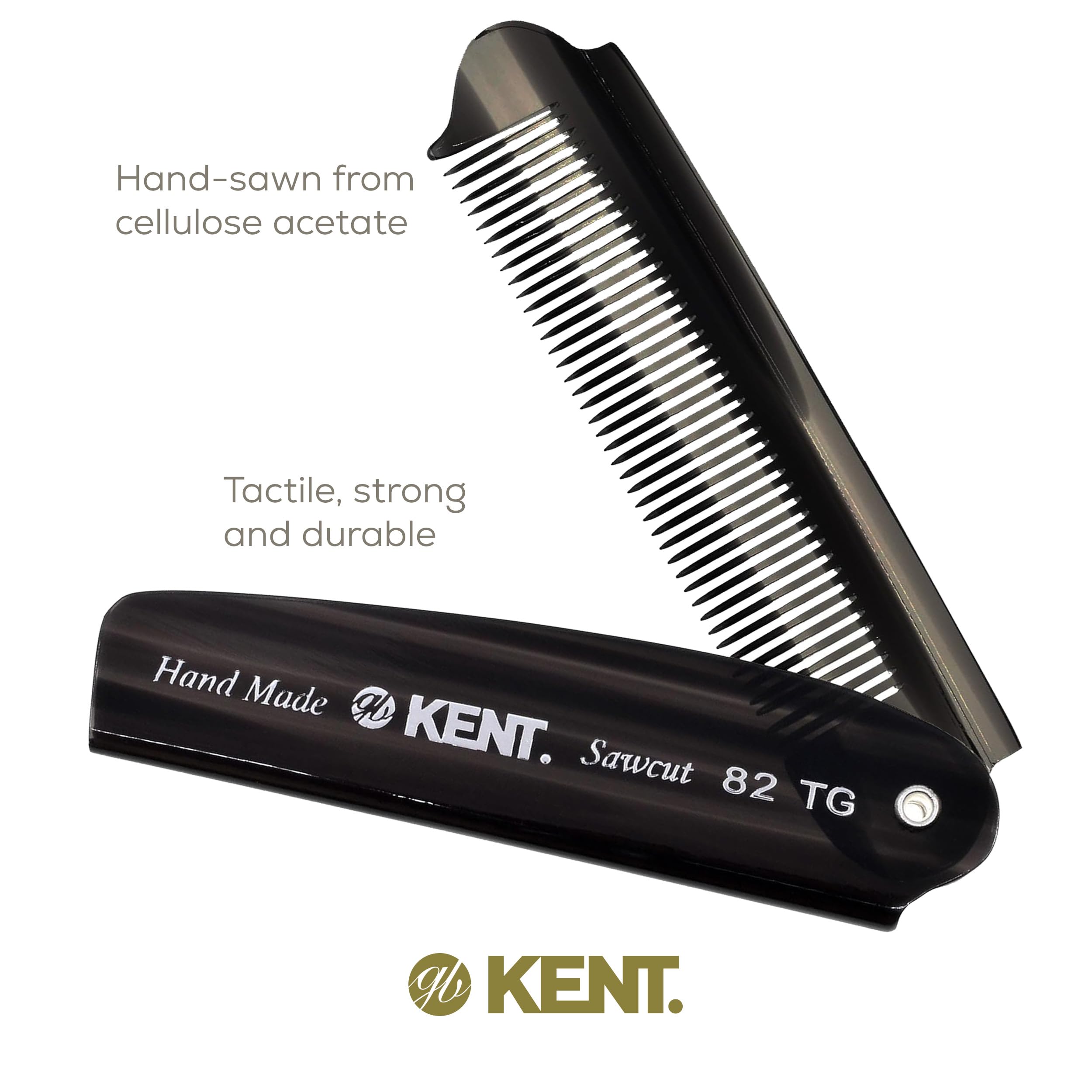 Kent 82T Black Graphite Folding Pocket Comb for Men, Fine Tooth Hair Comb Straightener for Everyday Grooming, Beard or Mustache, Use Dry or with Balms, Saw Cut Hand Polished, Made in England