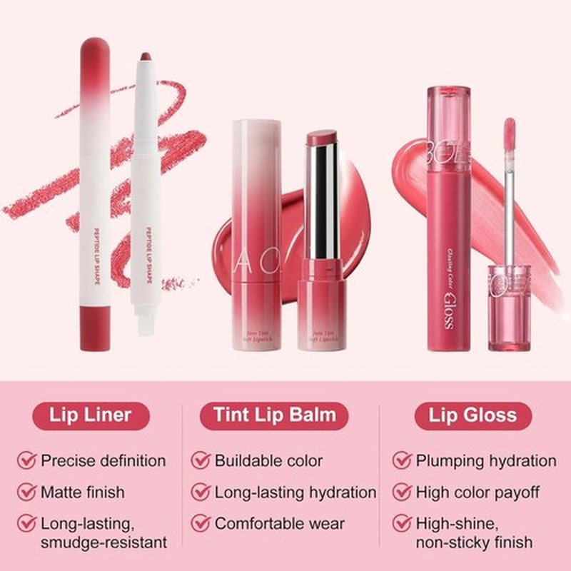 Skiennix 3PCS Lip Combo Set - Matte Lip Liner, Hydrating Tint Lipstick & Shine Gloss | Long-Lasting Plumping Makeup Kit
