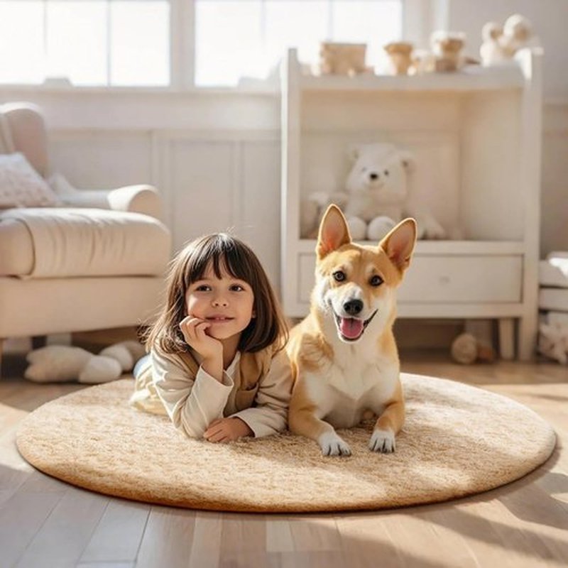 Ophanie Round Rug - 4Ft Beige Fluffy Circle Area Rug for Bedroom & Nursery Decor