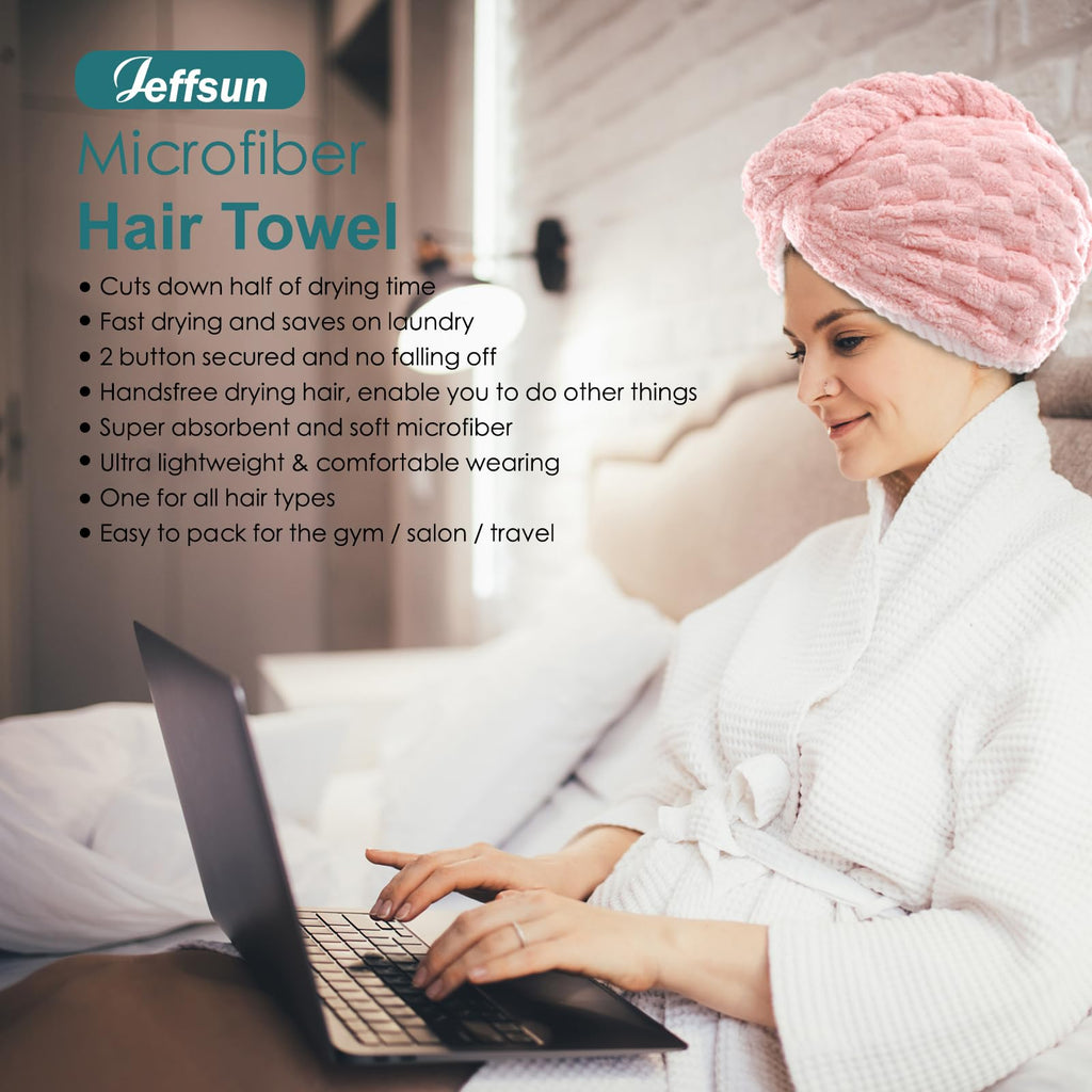 JEFFSUN Womens Microfiber Hair Drying Towel Wrap, 2-Layer Extra Thick Super Absorbent Hooded Hair Towel for Women Long Thick Wet Hair, 2 Colors Blue & Grey Reversible Hair Turban Towel